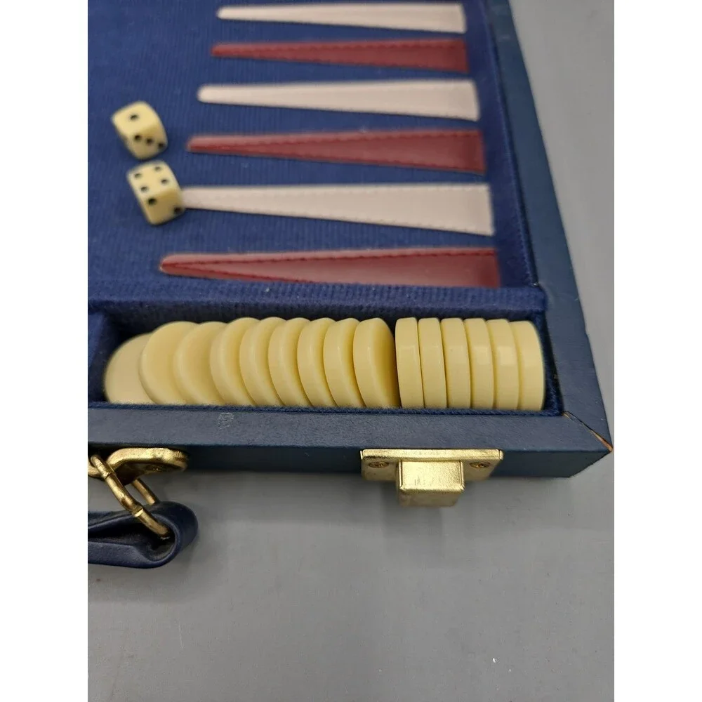 Vintage Style Backgammon Travel Set Blue Navy Case Dice Chips Folding Board